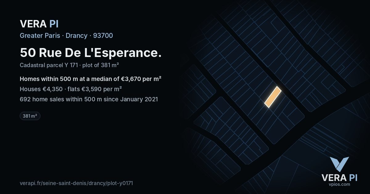 50 Rue De L'Esperance, Drancy at night – the plot lit, the parcels around coloured by the prices near them