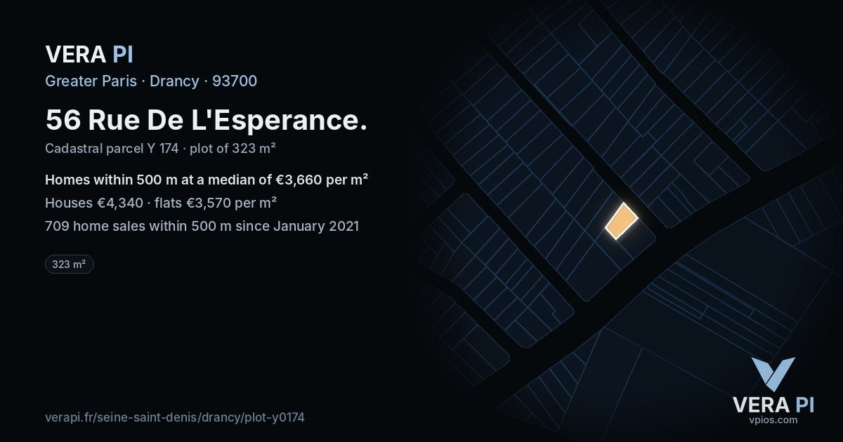 56 Rue De L'Esperance, Drancy at night – the plot lit, the parcels around coloured by the prices near them
