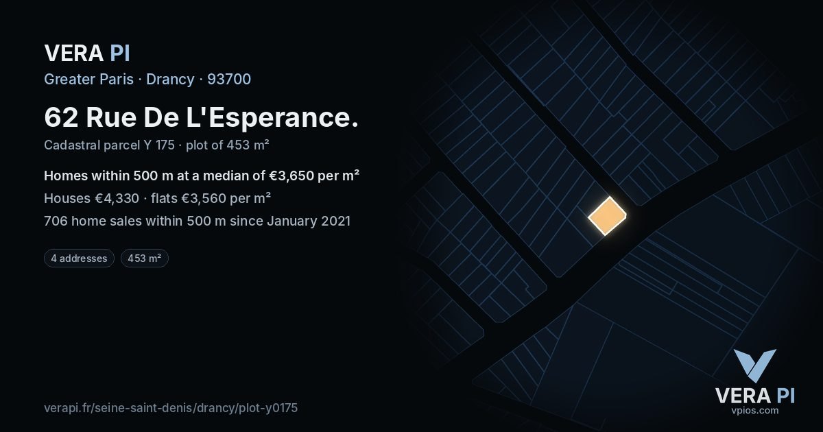 62 Rue De L'Esperance, Drancy at night – the plot lit, the parcels around coloured by the prices near them