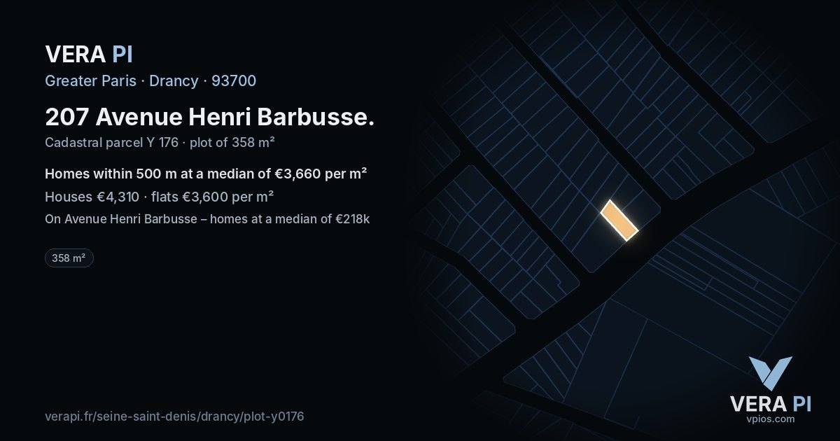 207 Avenue Henri Barbusse, Drancy at night – the plot lit, the parcels around coloured by the prices near them