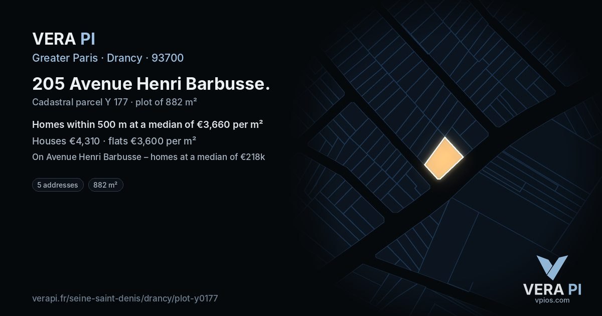 205 Avenue Henri Barbusse, Drancy at night – the plot lit, the parcels around coloured by the prices near them