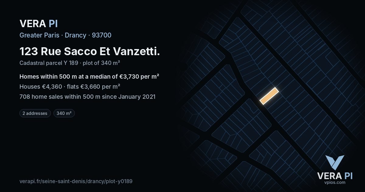 123 Rue Sacco Et Vanzetti, Drancy at night – the plot lit, the parcels around coloured by the prices near them