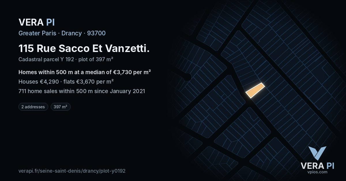 115 Rue Sacco Et Vanzetti, Drancy at night – the plot lit, the parcels around coloured by the prices near them