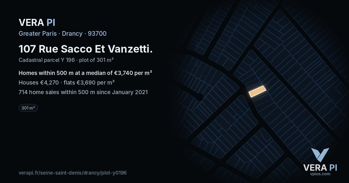 107 Rue Sacco Et Vanzetti, Drancy at night – the plot lit, the parcels around coloured by the prices near them