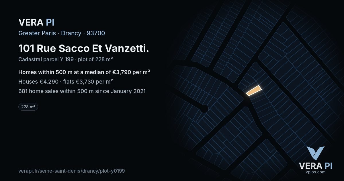 101 Rue Sacco Et Vanzetti, Drancy at night – the plot lit, the parcels around coloured by the prices near them