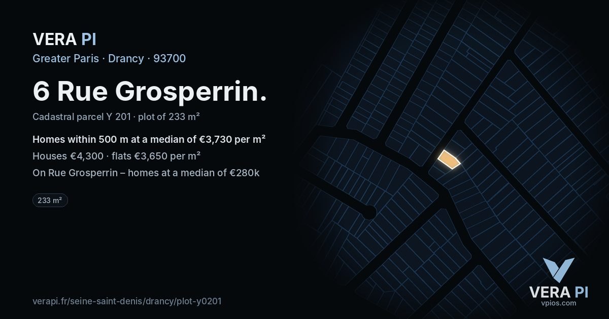 6 Rue Grosperrin, Drancy at night – the plot lit, the parcels around coloured by the prices near them