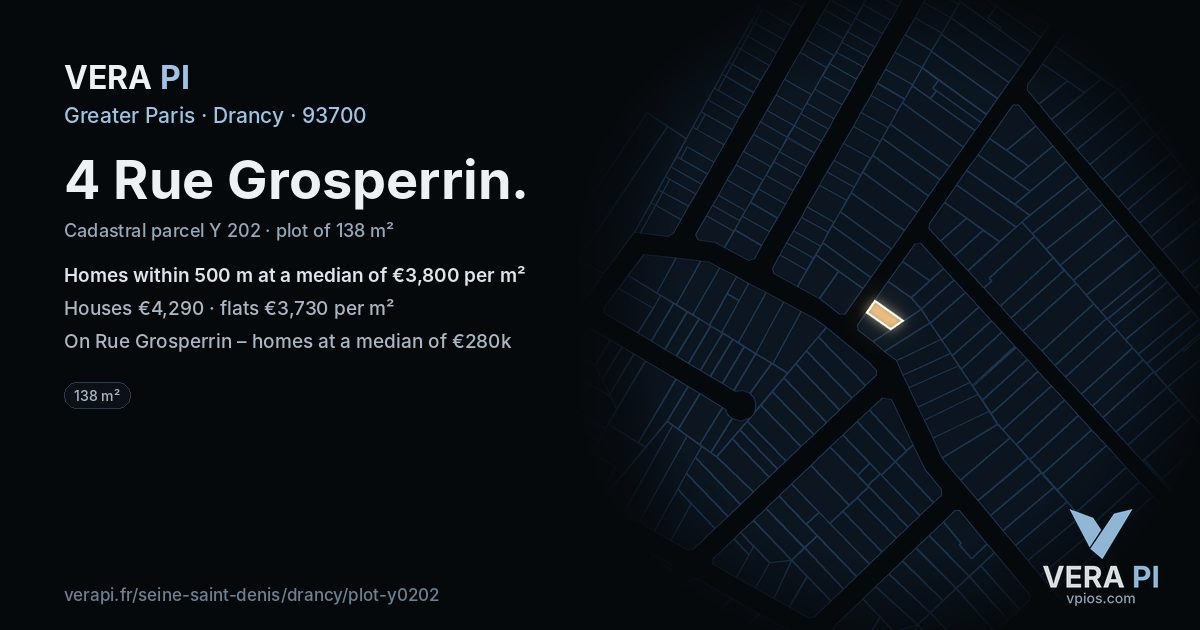 4 Rue Grosperrin, Drancy at night – the plot lit, the parcels around coloured by the prices near them
