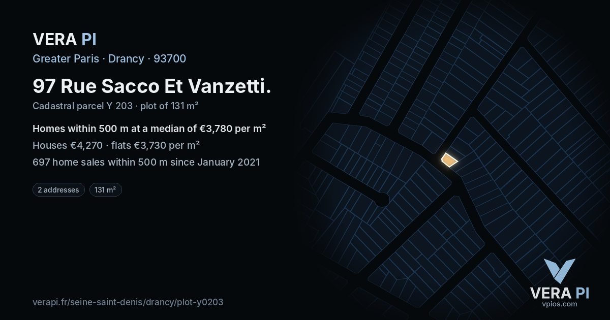 97 Rue Sacco Et Vanzetti, Drancy at night – the plot lit, the parcels around coloured by the prices near them
