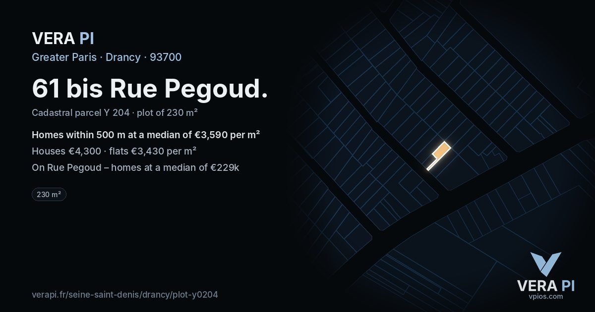 61 bis Rue Pegoud, Drancy at night – the plot lit, the parcels around coloured by the prices near them