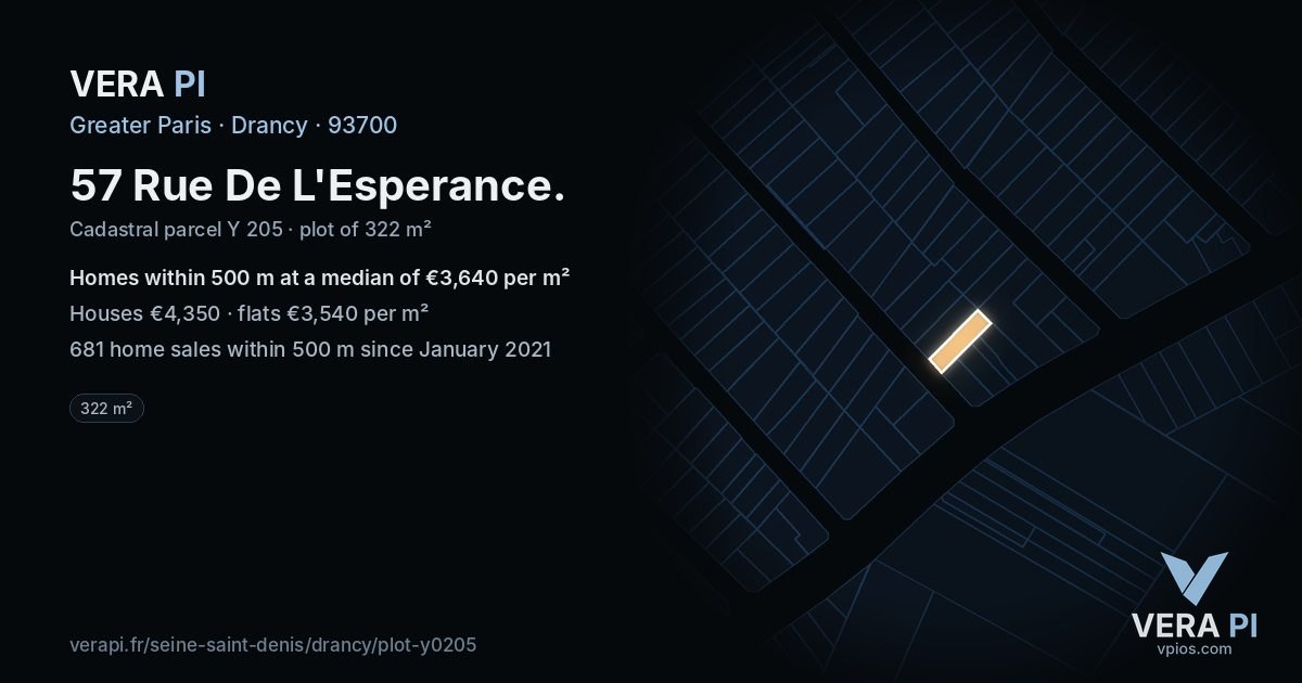 57 Rue De L'Esperance, Drancy at night – the plot lit, the parcels around coloured by the prices near them
