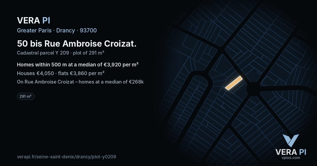 50 bis Rue Ambroise Croizat, Drancy at night – the plot lit, the parcels around coloured by the prices near them