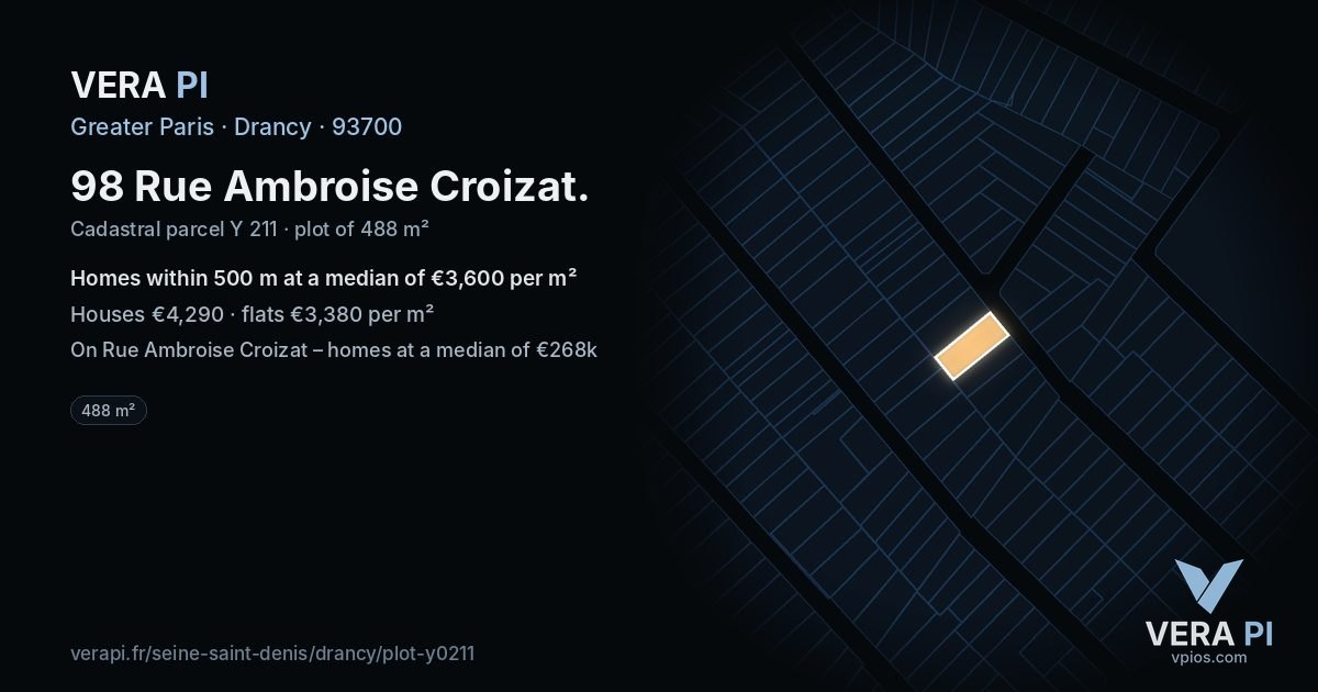 98 Rue Ambroise Croizat, Drancy at night – the plot lit, the parcels around coloured by the prices near them