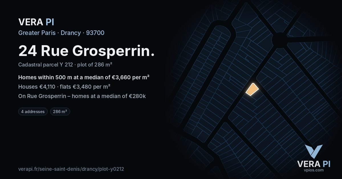 24 Rue Grosperrin, Drancy at night – the plot lit, the parcels around coloured by the prices near them