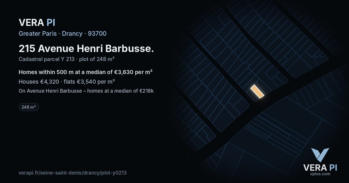 215 Avenue Henri Barbusse, Drancy at night – the plot lit, the parcels around coloured by the prices near them