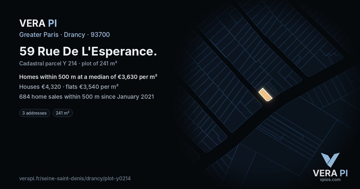 59 Rue De L'Esperance, Drancy at night – the plot lit, the parcels around coloured by the prices near them