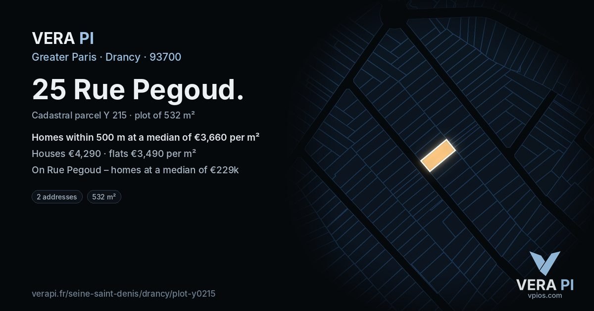 25 Rue Pegoud, Drancy at night – the plot lit, the parcels around coloured by the prices near them
