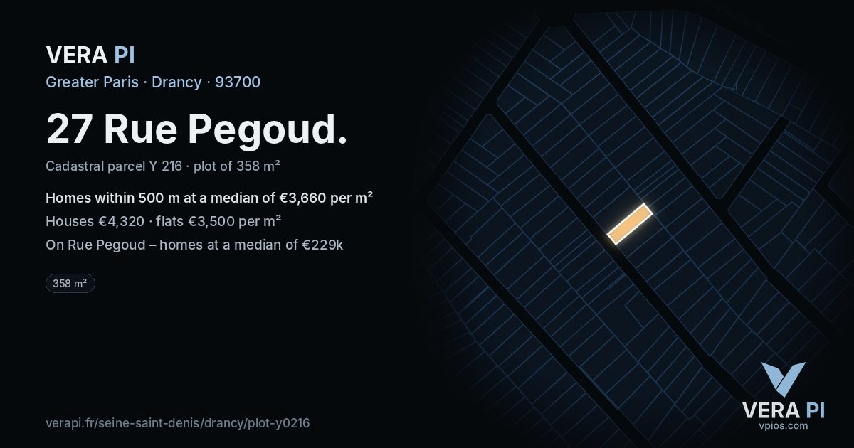 27 Rue Pegoud, Drancy at night – the plot lit, the parcels around coloured by the prices near them