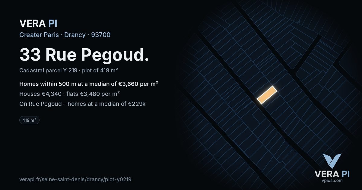 33 Rue Pegoud, Drancy at night – the plot lit, the parcels around coloured by the prices near them