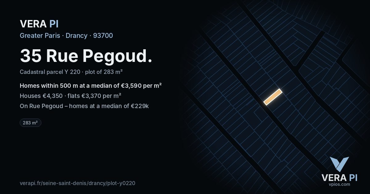 35 Rue Pegoud, Drancy at night – the plot lit, the parcels around coloured by the prices near them