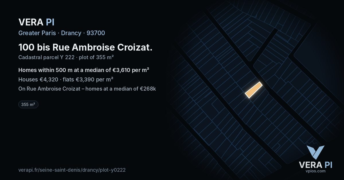 100 bis Rue Ambroise Croizat, Drancy at night – the plot lit, the parcels around coloured by the prices near them