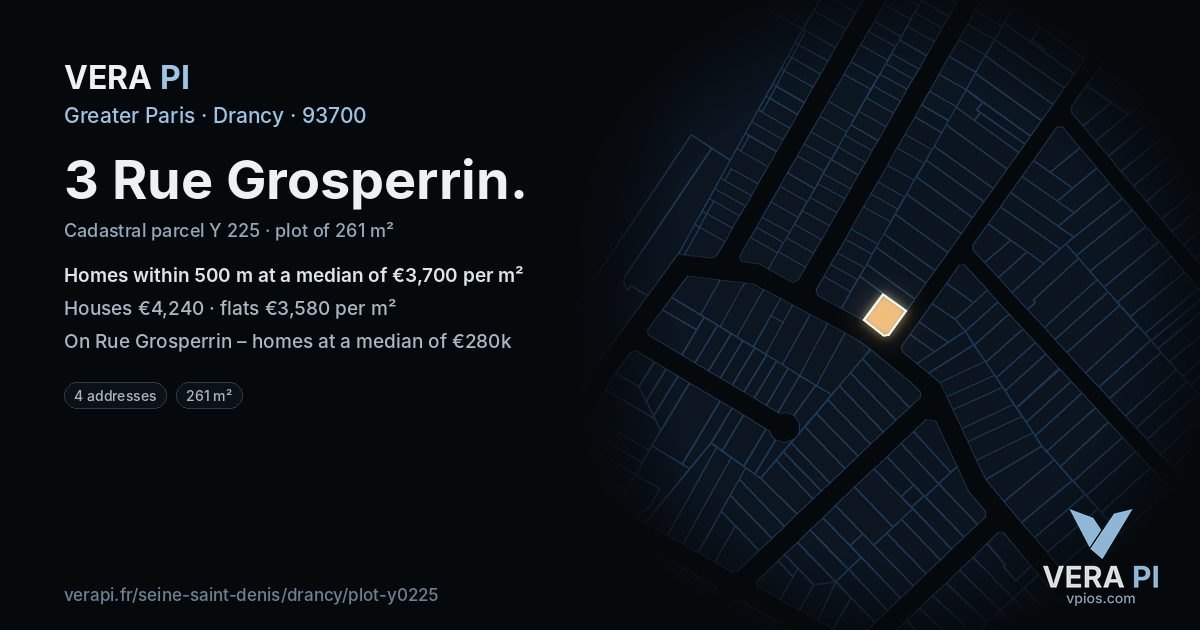 3 Rue Grosperrin, Drancy at night – the plot lit, the parcels around coloured by the prices near them