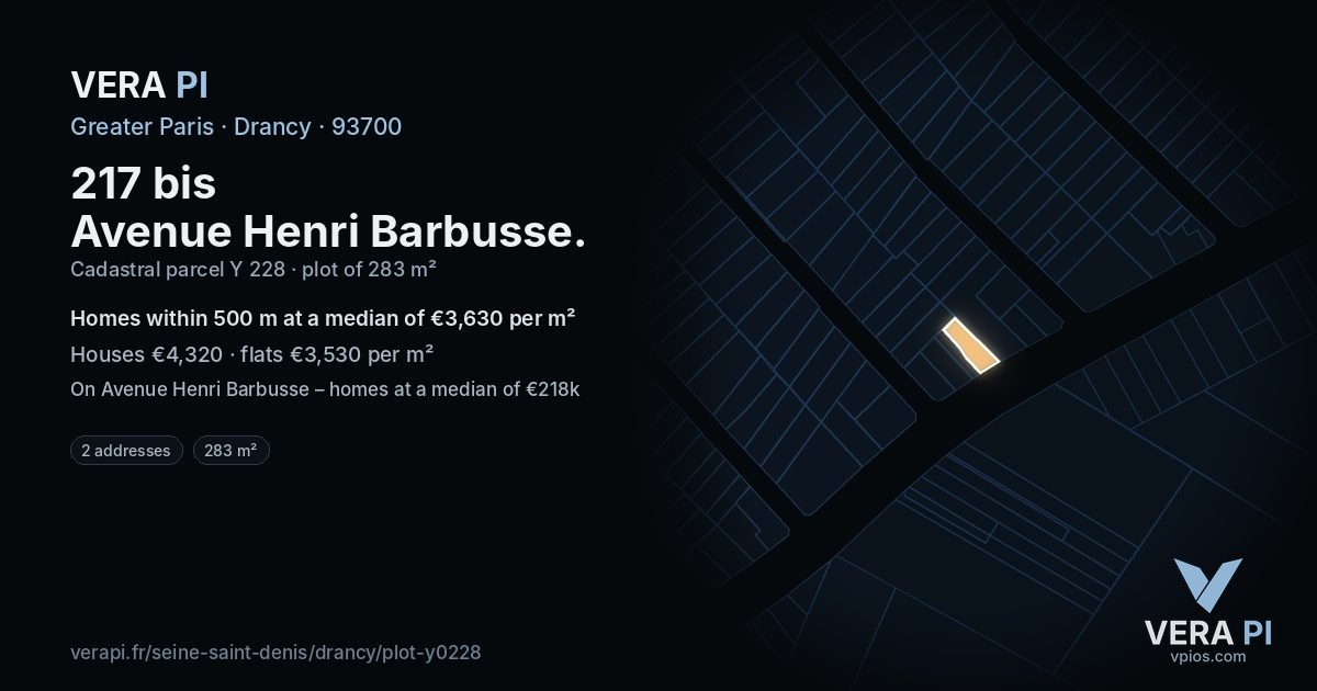 217 bis Avenue Henri Barbusse, Drancy at night – the plot lit, the parcels around coloured by the prices near them