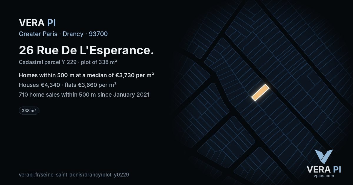 26 Rue De L'Esperance, Drancy at night – the plot lit, the parcels around coloured by the prices near them