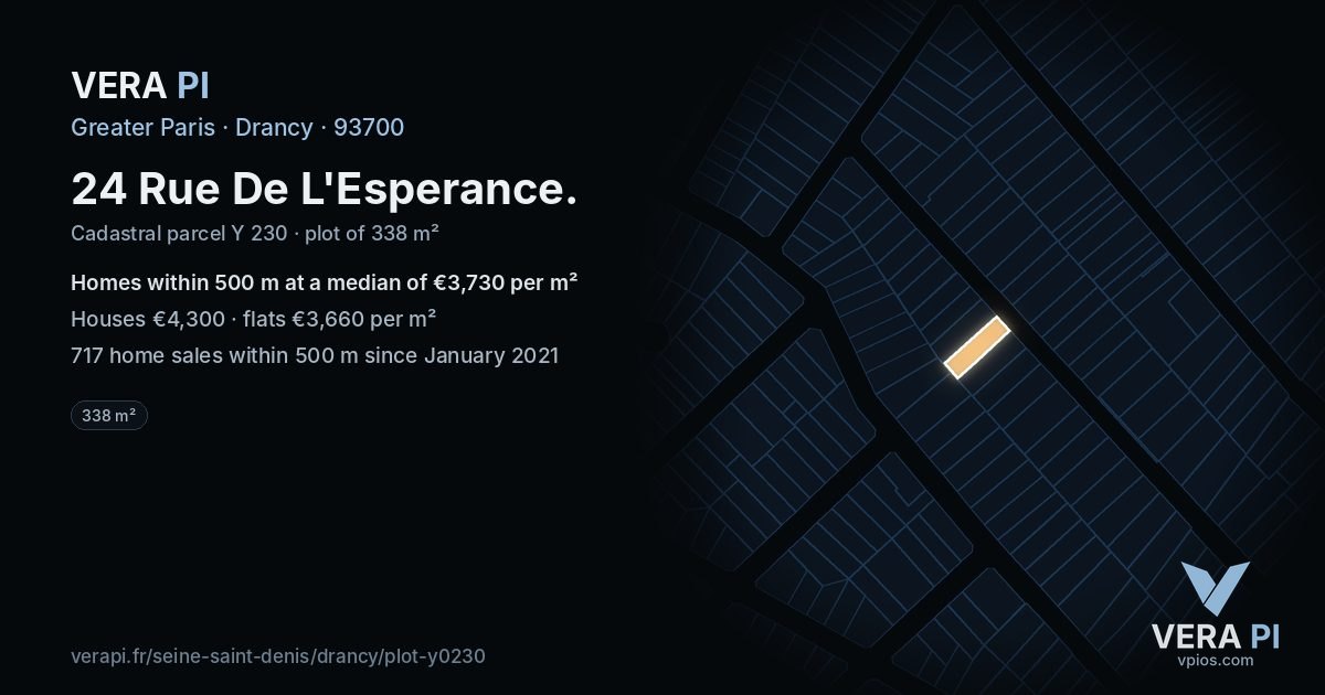 24 Rue De L'Esperance, Drancy at night – the plot lit, the parcels around coloured by the prices near them