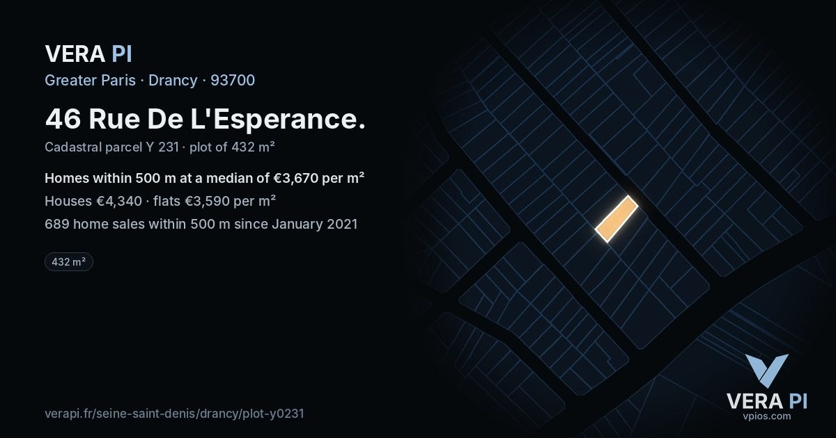 46 Rue De L'Esperance, Drancy at night – the plot lit, the parcels around coloured by the prices near them