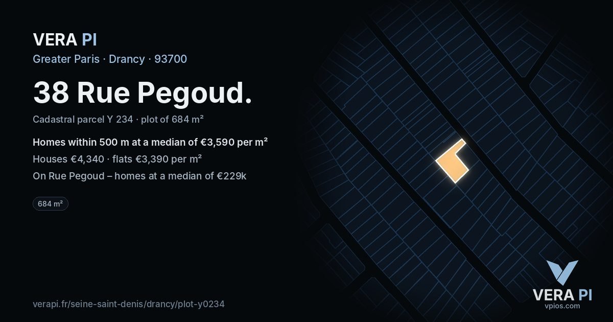 38 Rue Pegoud, Drancy at night – the plot lit, the parcels around coloured by the prices near them