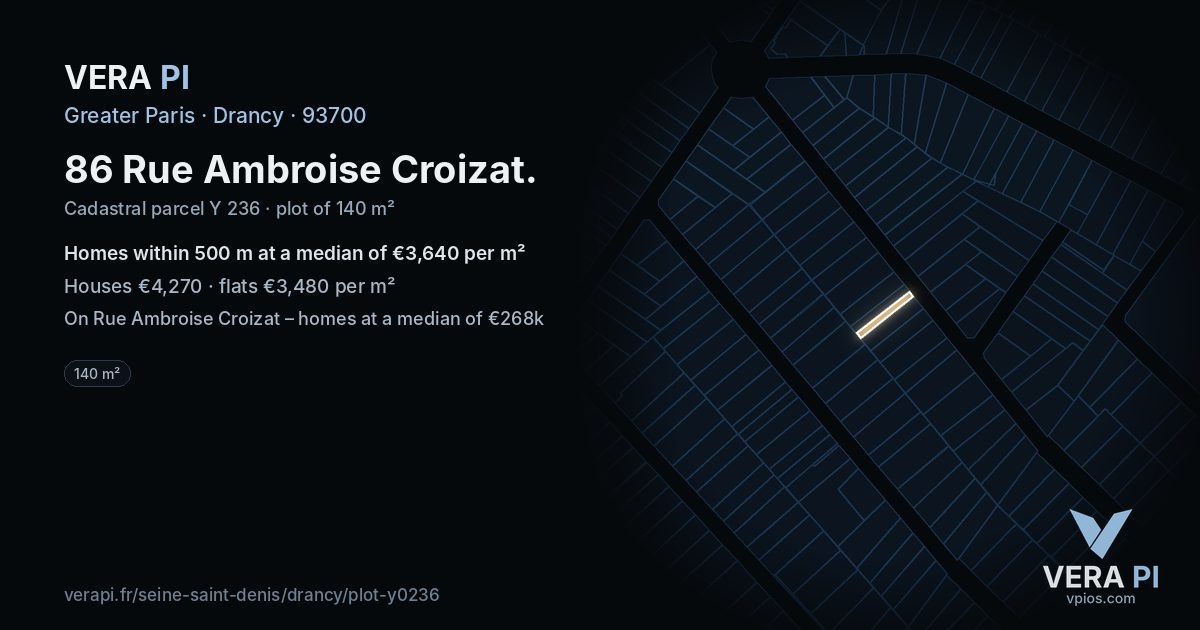 86 Rue Ambroise Croizat, Drancy at night – the plot lit, the parcels around coloured by the prices near them