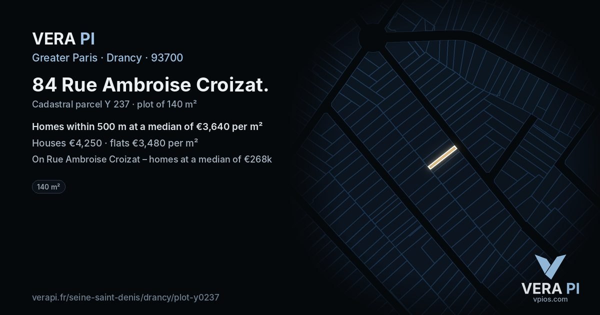 84 Rue Ambroise Croizat, Drancy at night – the plot lit, the parcels around coloured by the prices near them
