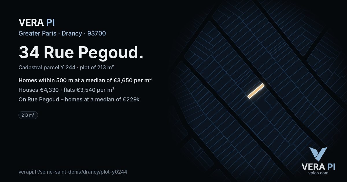34 Rue Pegoud, Drancy at night – the plot lit, the parcels around coloured by the prices near them
