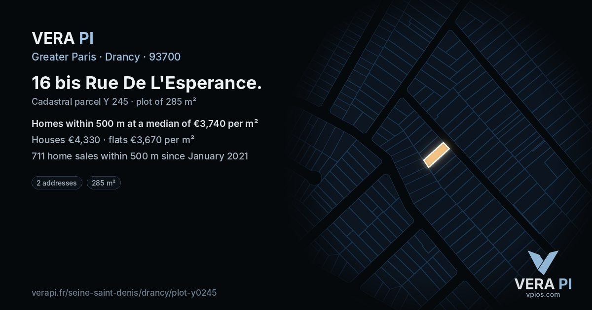 16 bis Rue De L'Esperance, Drancy at night – the plot lit, the parcels around coloured by the prices near them