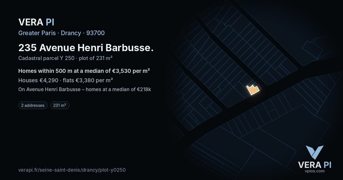 235 Avenue Henri Barbusse, Drancy at night – the plot lit, the parcels around coloured by the prices near them