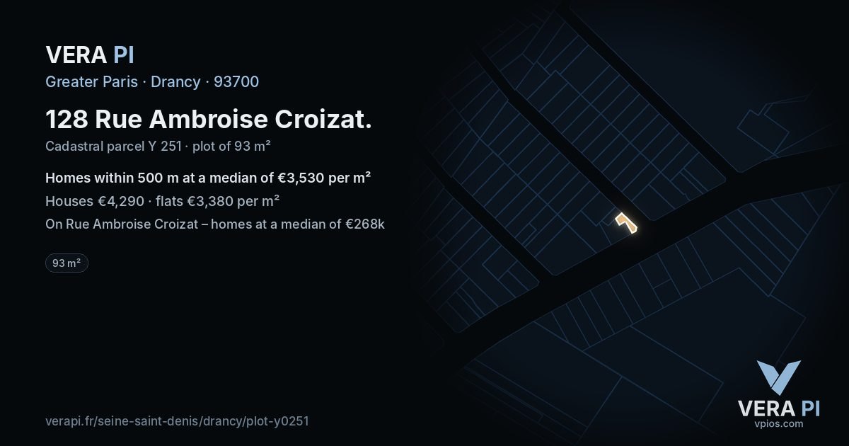 128 Rue Ambroise Croizat, Drancy at night – the plot lit, the parcels around coloured by the prices near them