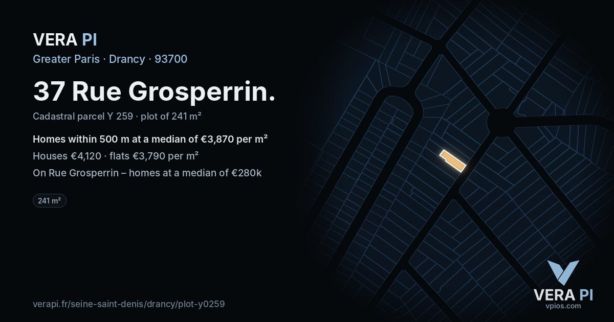 37 Rue Grosperrin, Drancy at night – the plot lit, the parcels around coloured by the prices near them