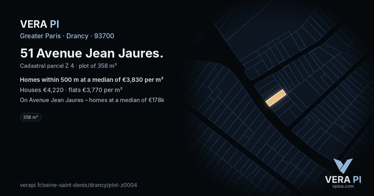 51 Avenue Jean Jaures, Drancy at night – the plot lit, the parcels around coloured by the prices near them
