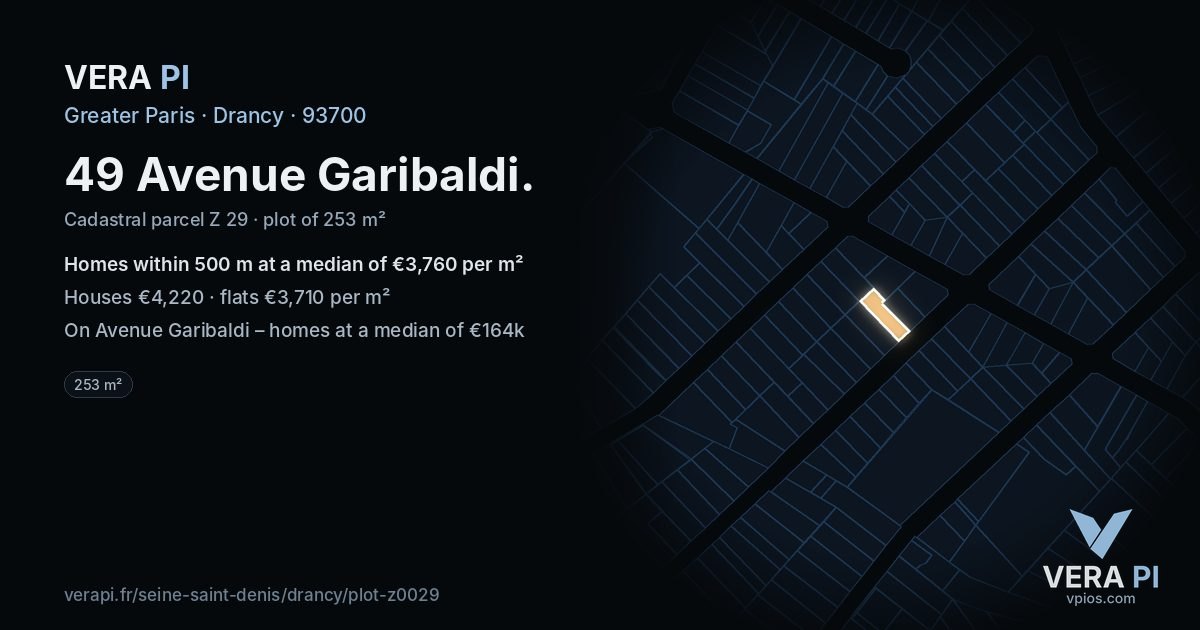 49 Avenue Garibaldi, Drancy at night – the plot lit, the parcels around coloured by the prices near them