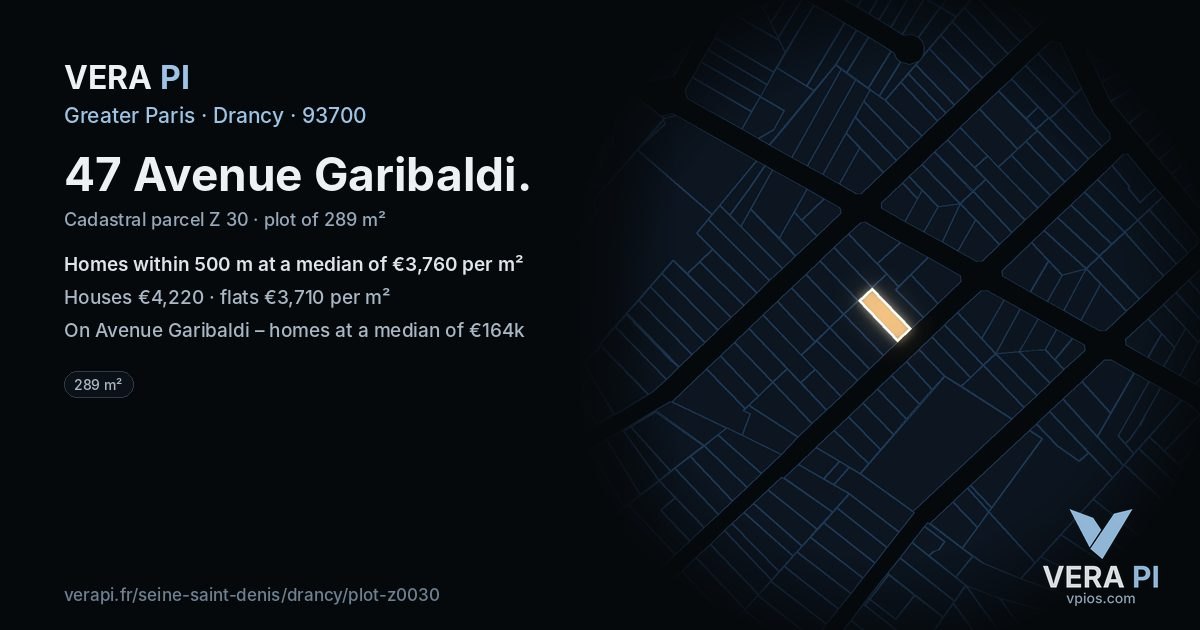 47 Avenue Garibaldi, Drancy at night – the plot lit, the parcels around coloured by the prices near them