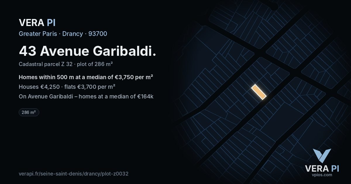 43 Avenue Garibaldi, Drancy at night – the plot lit, the parcels around coloured by the prices near them