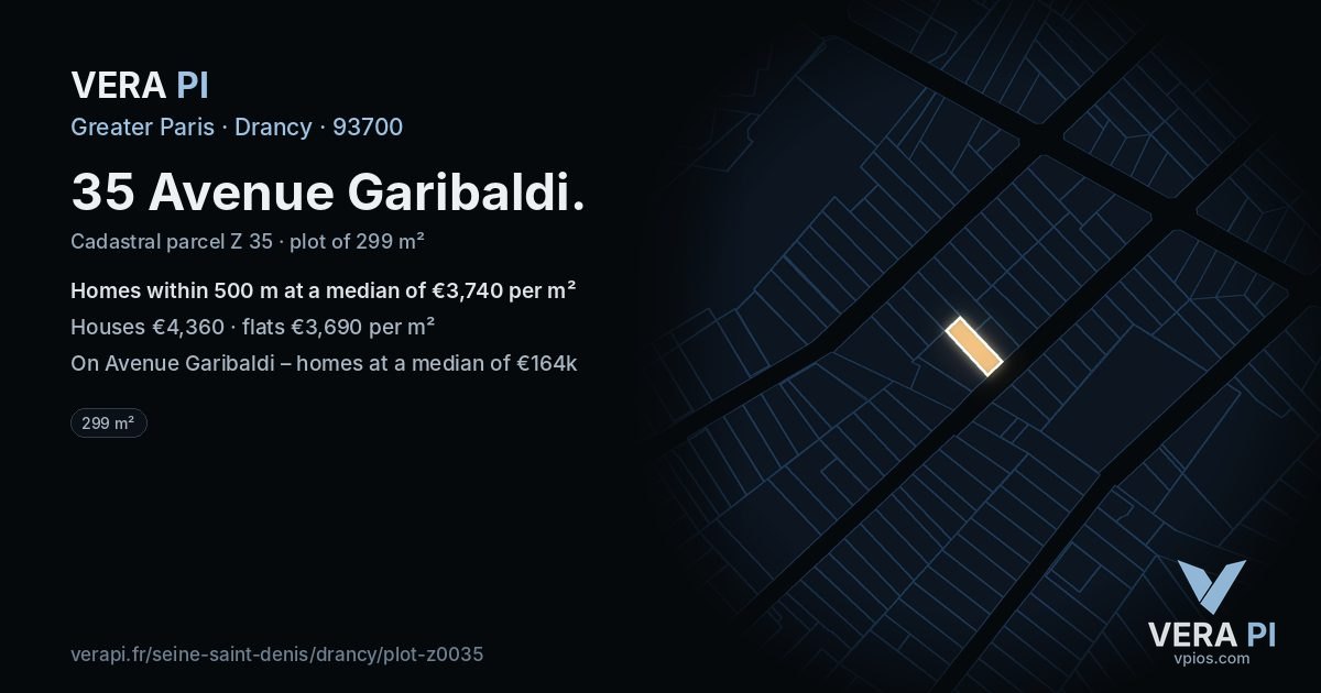 35 Avenue Garibaldi, Drancy at night – the plot lit, the parcels around coloured by the prices near them