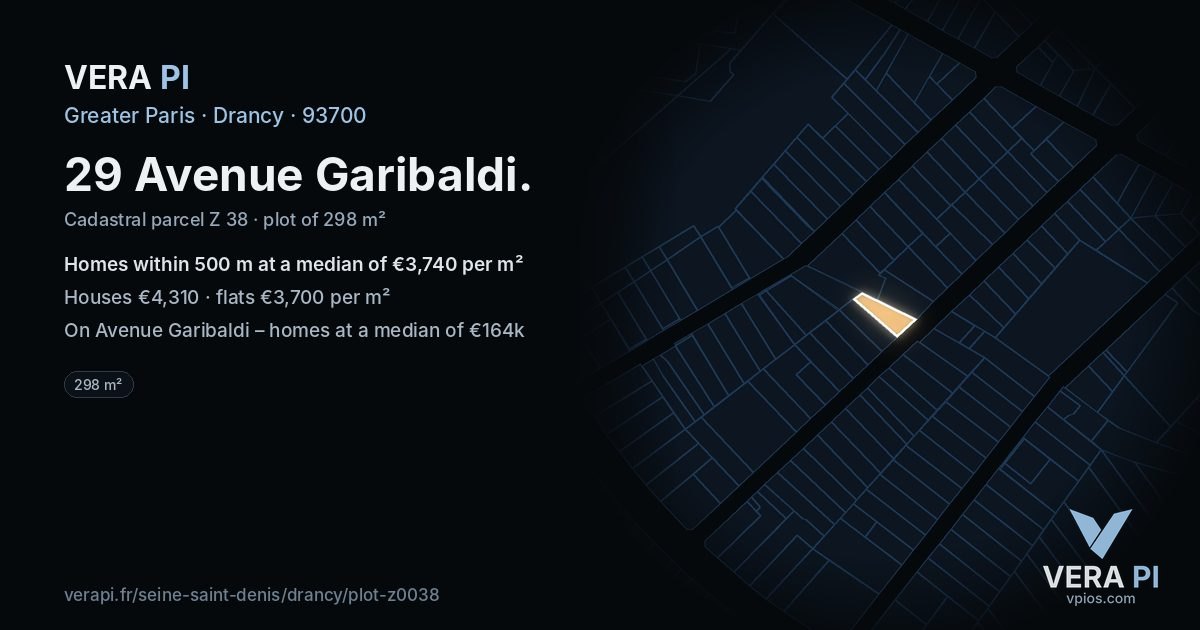 29 Avenue Garibaldi, Drancy at night – the plot lit, the parcels around coloured by the prices near them