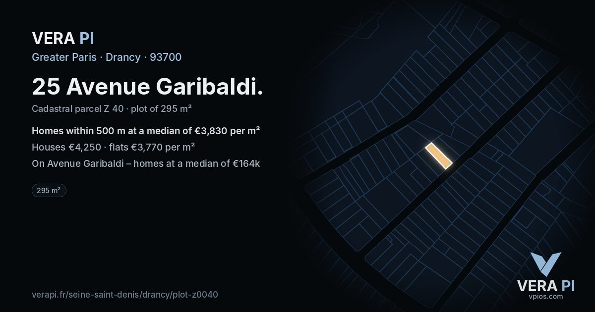 25 Avenue Garibaldi, Drancy at night – the plot lit, the parcels around coloured by the prices near them