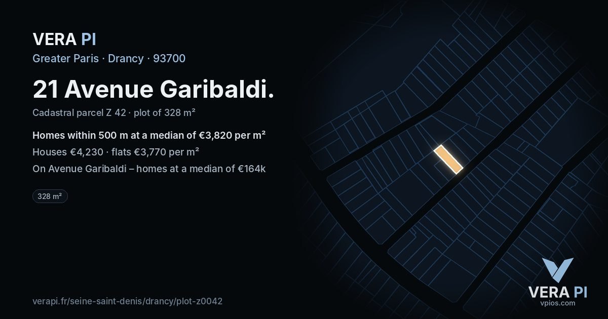 21 Avenue Garibaldi, Drancy at night – the plot lit, the parcels around coloured by the prices near them
