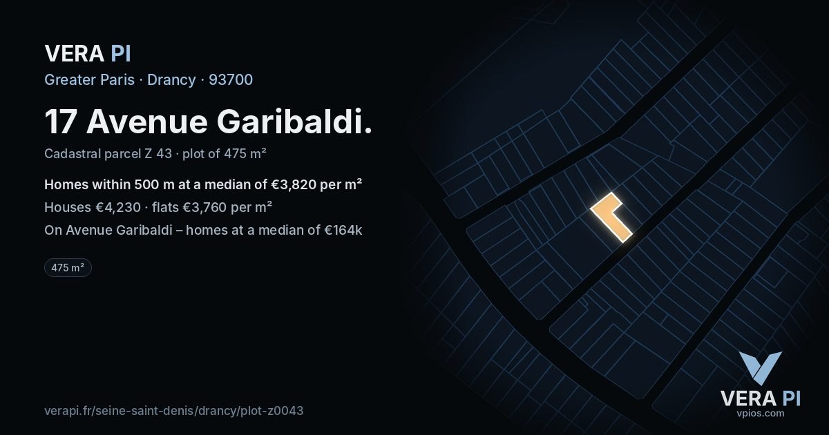 17 Avenue Garibaldi, Drancy at night – the plot lit, the parcels around coloured by the prices near them