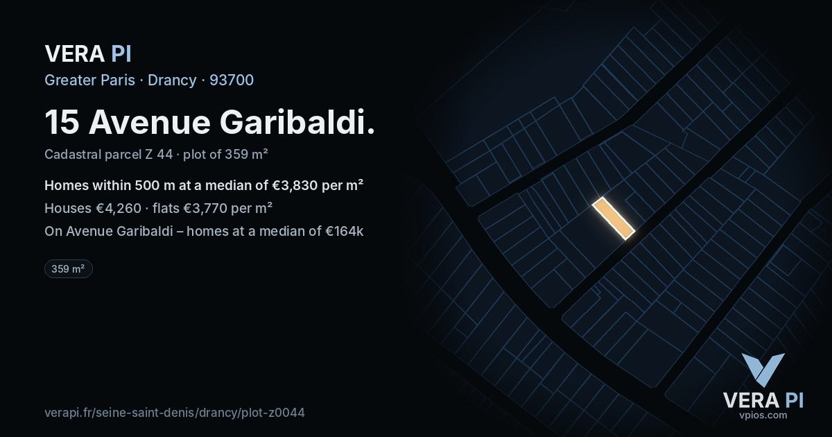 15 Avenue Garibaldi, Drancy at night – the plot lit, the parcels around coloured by the prices near them