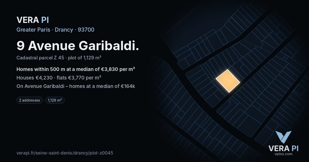 9 Avenue Garibaldi, Drancy at night – the plot lit, the parcels around coloured by the prices near them