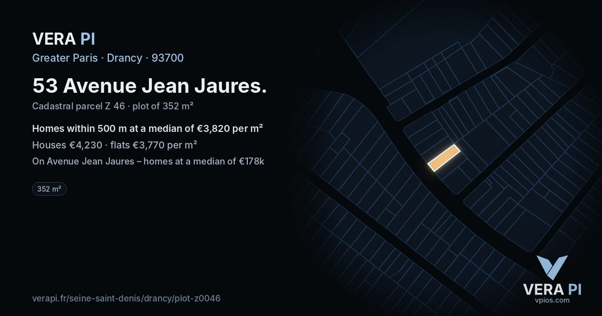 53 Avenue Jean Jaures, Drancy at night – the plot lit, the parcels around coloured by the prices near them