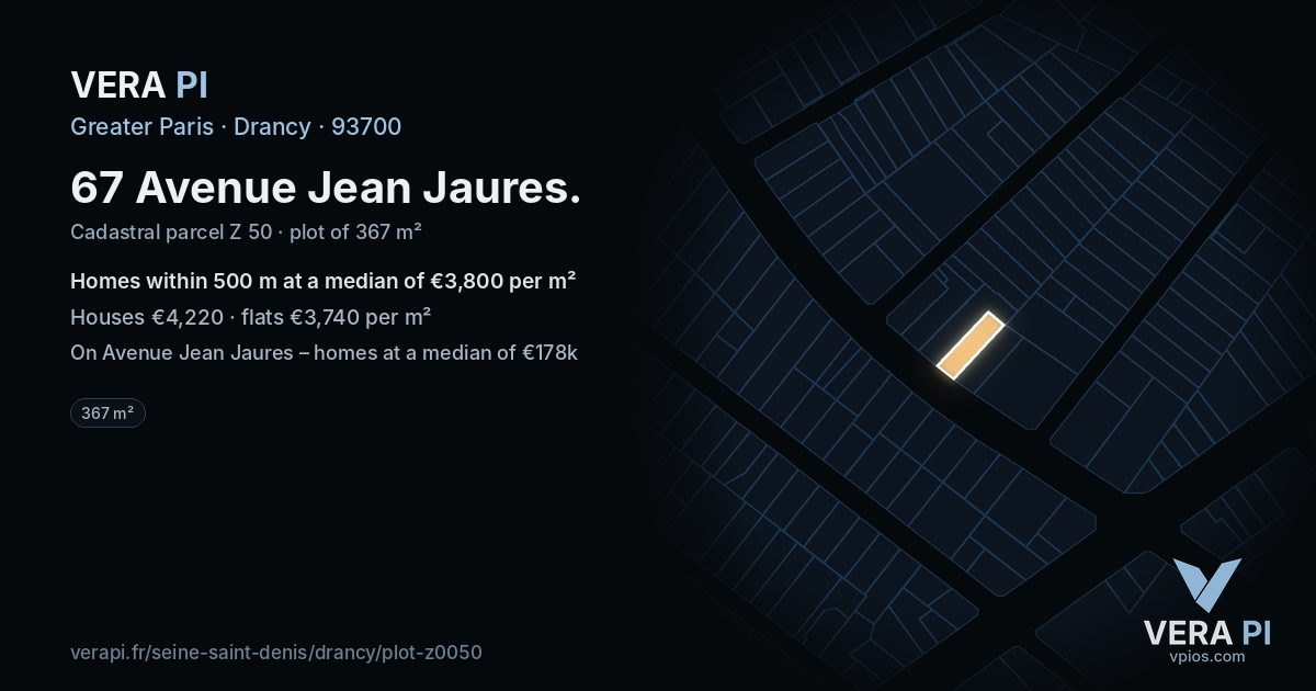 67 Avenue Jean Jaures, Drancy at night – the plot lit, the parcels around coloured by the prices near them